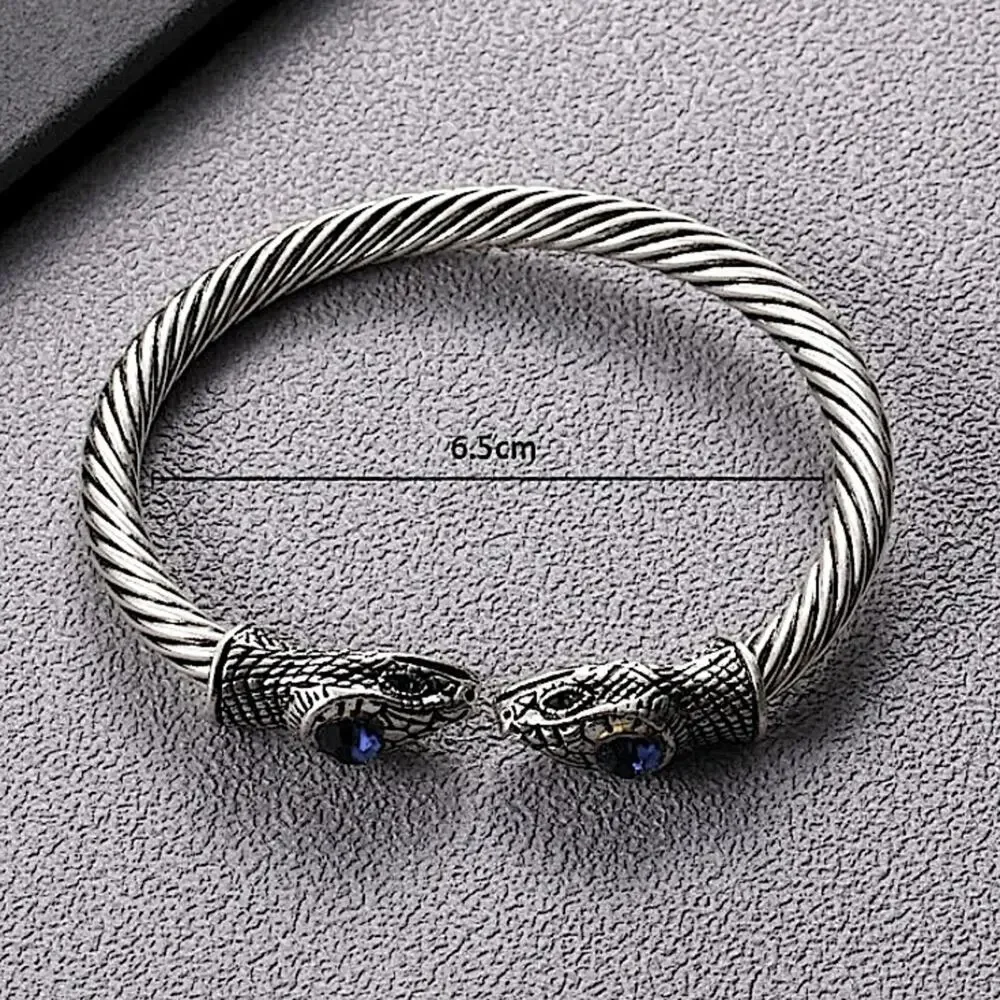 STERLING SILVER PLATED SNAKE HEAD DRAGON VIKING SAPPHIRE STONE BANGLE BRACELET